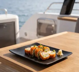 Ahşap tekne masasında zencefil turşusu ve wasabi eşliğinde california roll sushi sunumuyla gösterilen mat siyah döküm taş efektli jumbo boy kırılmaz melamin Obsidian 2'li büyük dikdörtgen servis ve tepsi tabağı seti (34,6 x 23,7 cm).