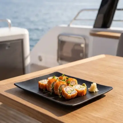 Ahşap tekne masasında zencefil turşusu ve wasabi eşliğinde california roll sushi sunumuyla gösterilen mat siyah döküm taş efektli jumbo boy kırılmaz melamin Obsidian 2'li büyük dikdörtgen servis ve tepsi tabağı seti (34,6 x 23,7 cm).