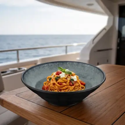 Ahşap tekne masasında domatesli ve fesleğenli fettuccine pasta sunumuyla gösterilen yeşil mineral reaktif taş efektli kırılmaz melamin Green Minerra 3'lü derin makarna ve salata kasesi seti (Ø 23,6 cm).