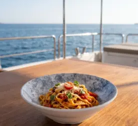 Ahşap tekne masasında domates soslu ve fesleğenli tagliatelle makarna sunumuyla gösterilen açık gri-mavi bulut mermer dokulu kırılmaz melamin Velora Cloud 3'lü derin makarna ve salata kasesi seti (Ø 23,6 cm).