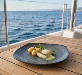 Ahşap tekne masasında taze kuşkonmaz, haşlanmış bebek patates ve özel soslu ızgara balık filetosu sunumuyla gösterilen yeşil mineral reaktif taş efektli kare/yuvarlak yumuşak hatlı kırılmaz melamin Green Minerra 6'lı pasta ve tatlı tabağı seti (18 x 18 cm).